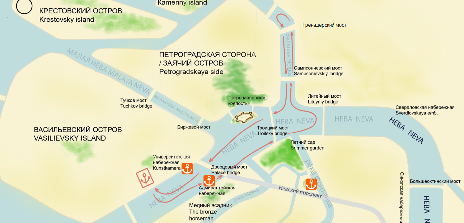 Разводные мосты на ночных теплоходных прогулках