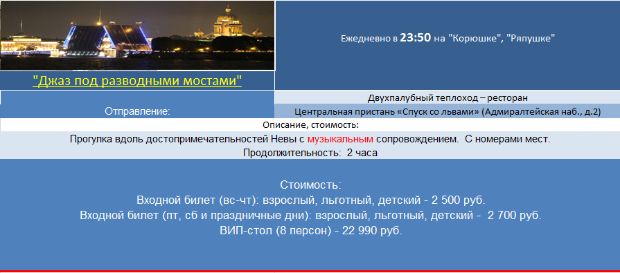 Ночные экскурсии по рекам и каналам Санкт-Петербурга на теплоходах, прогулки на катере по каналам 