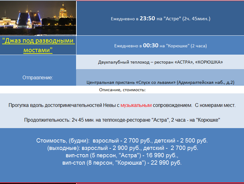 Ночные экскурсии по рекам и каналам Санкт-Петербурга на теплоходах, прогулки на катере по каналам 