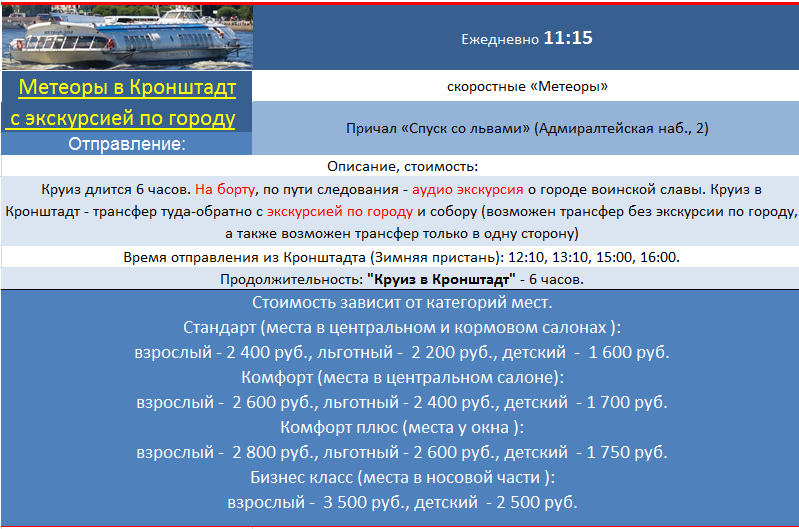 Экскурсии на метеорах в Кронштадт из Санкт-Петербурга на теплоходах, прогулки на катере по каналам 